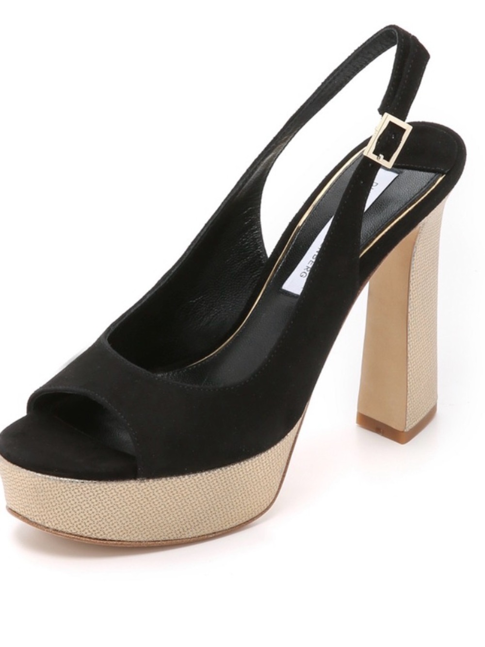 Diane Von Furstenberg Black Suede Peep-Toe Slingback Black and Gold Platform -39